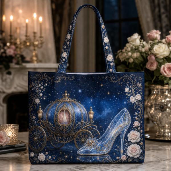 16_cinderella Cinderella illustrated on a zippered tote bag