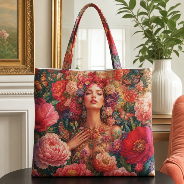 Flower Goddess illustrated on a zippered tote bag