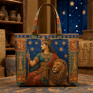 Inanna illustrated on a zippered tote bag