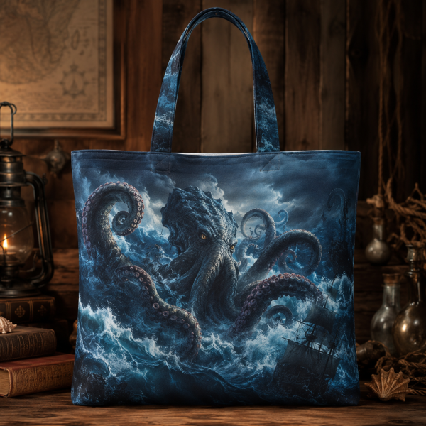16_kraken Kraken illustrated on a zippered tote bag