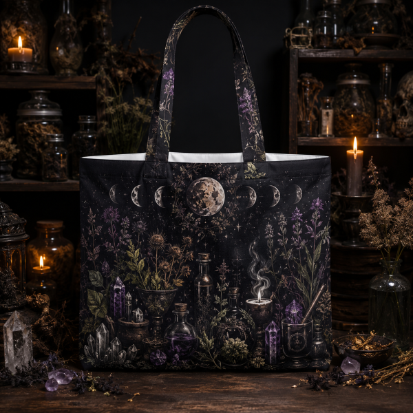 lunarbotanics illustration on a zippered tote bag