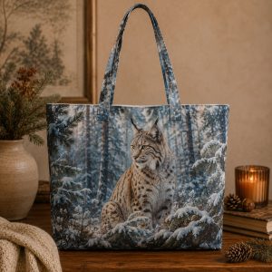 Lynx illustrated on a zippered tote bag