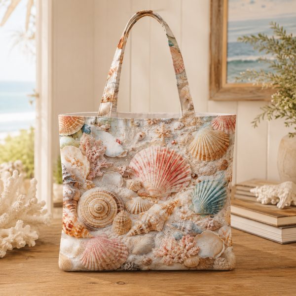 Shell illustrated on a zippered tote bag