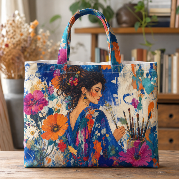 17_creative_woman Creative Woman illustrated on a zippered tote bag