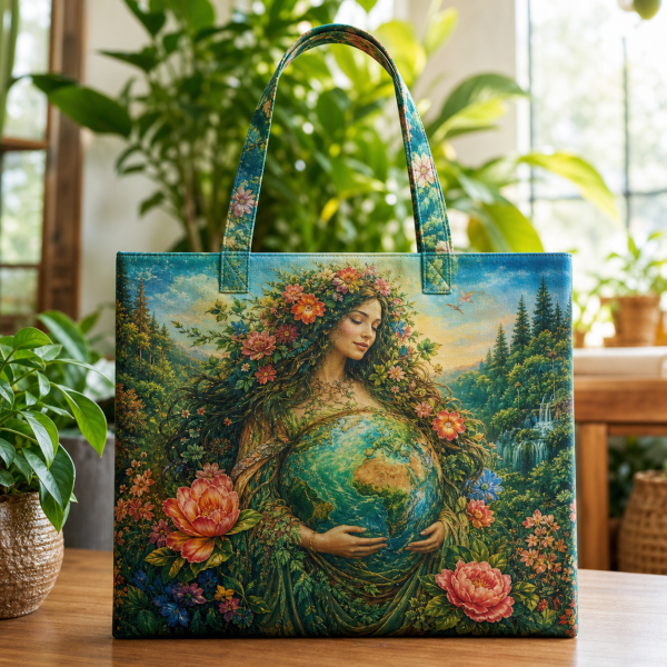 Gaia illustrated on a zippered tote bag