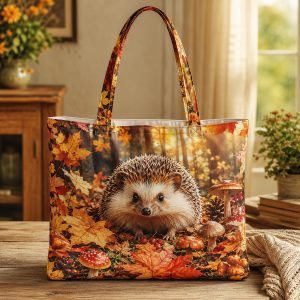 Autumn Hedgehog illustrated on a zippered tote bag