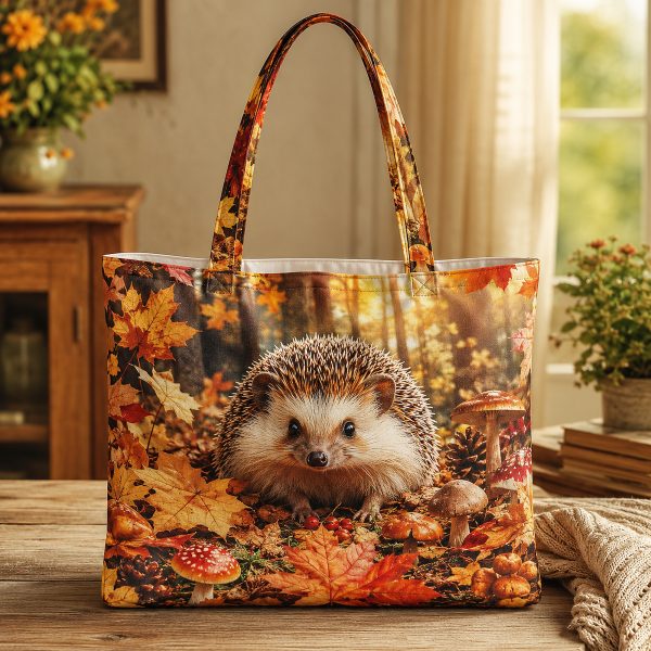17_hedgehug Autumn Hedgehog illustrated on a zippered tote bag