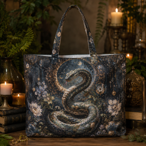 17_serpent Serpent illustrated on a zippered tote bag