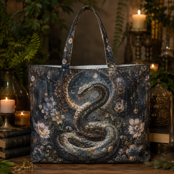 17_serpent Serpent illustrated on a zippered tote bag