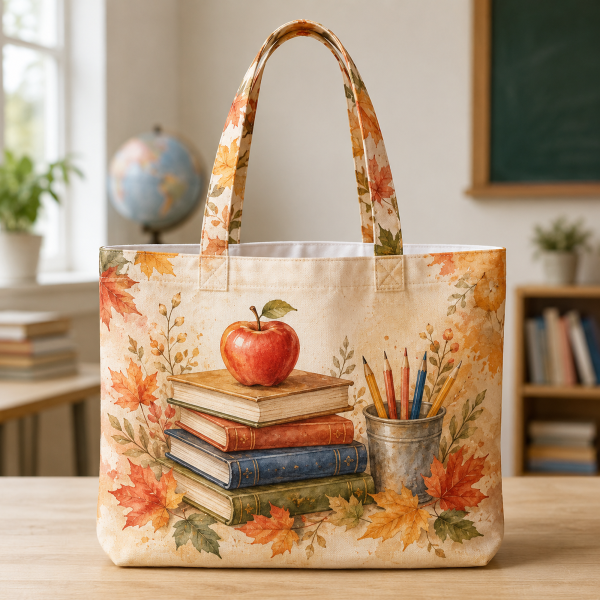 17_thankteacher Teacher Appreciation Harvest illustrated on a zippered tote bag