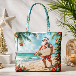 18-beachxmasb Santa at the Beach illustrated on a zippered tote bag