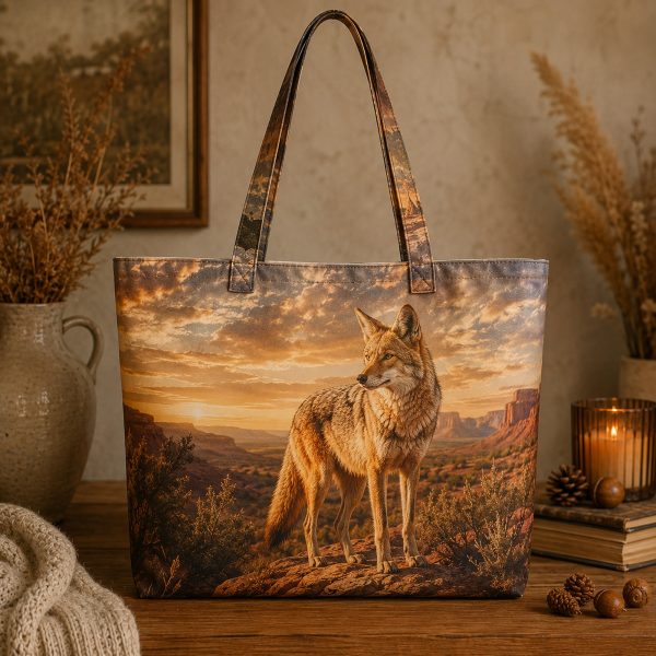 Coyote illustrated on a zippered tote bag
