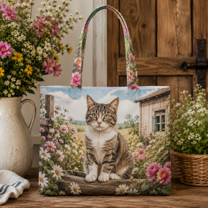 18_farmcat Farm Cat illustrated on a zippered tote bag
