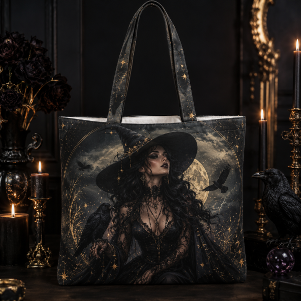 glamwitch illustration on a zippered tote bag