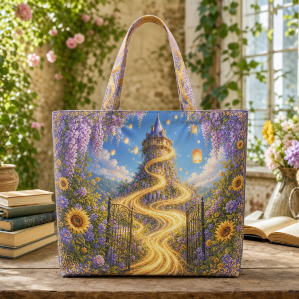 Rapunzel illustrated on a zippered tote bag