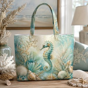 18_seahorse2 Pastel Seahorse illustrated on a zippered tote bag