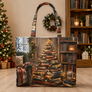 19-merrybookb Cozy Christmas Reading illustrated on a zippered tote bag