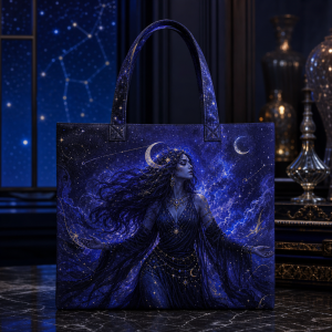 Nyx illustrated on a zippered tote bag