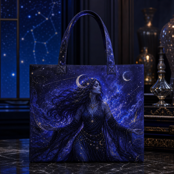 19_nyx Nyx illustrated on a zippered tote bag