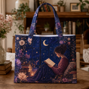 20_midnight_reader Midnight Reader illustrated on a zippered tote bag