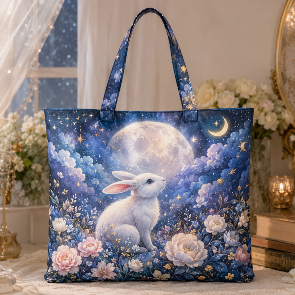 20_moonrabbit Moon Rabbit illustrated on a zippered tote bag