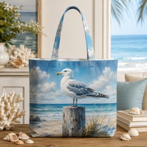 20_seagull Seagull illustrated on a zippered tote bag
