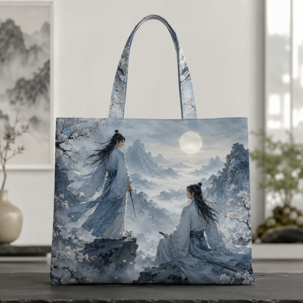 Moon Summit illustrated on a zippered tote bag