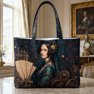 Ada Lovelace illustrated on a zippered tote bag