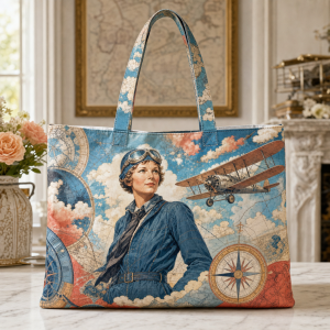 Amelia Earhart illustrated on a zippered tote bag