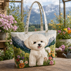 bichon-patchwork__42x38_2000 Bichon Patchwork illustrated on a zippered tote bag