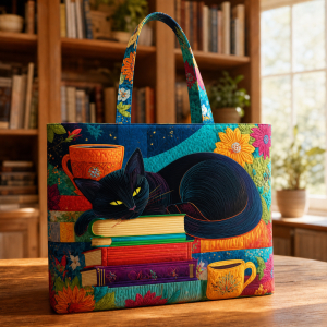 black-cat-books-tea Black Cat Books Tea illustrated on a zippered tote bag