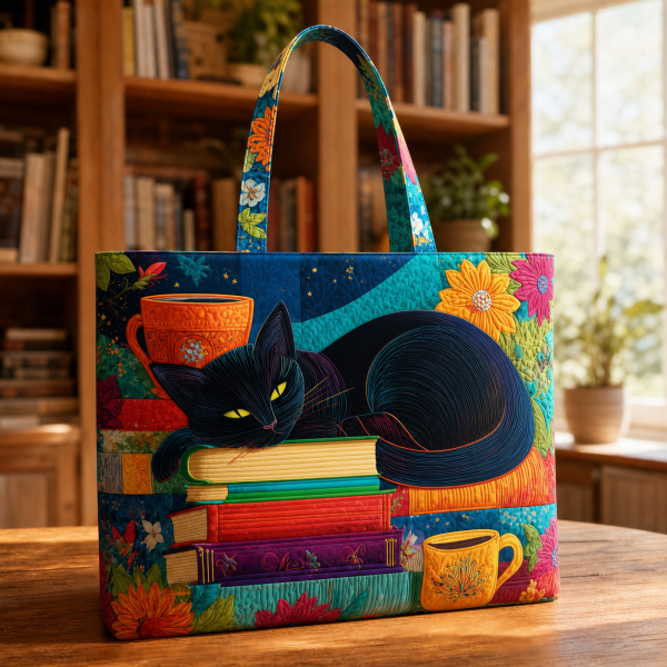 black-cat-books-tea Black Cat Books Tea illustrated on a zippered tote bag