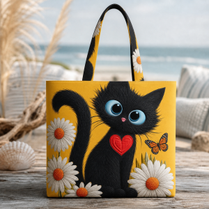 black-cat-daisy Black Cat Daisy illustrated on a zippered tote bag