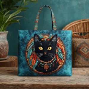 black-cat-mandala Black Cat Mandala illustrated on a zippered tote bag