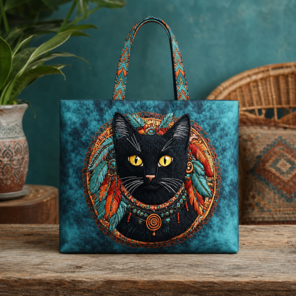 Black Cat Mandala illustrated on a zippered tote bag