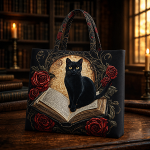 black-cat-open-book Black Cat Open Book illustrated on a zippered tote bag