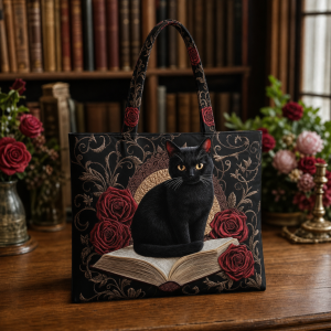 black-cat-rainbow Black Cat Rainbow illustrated on a zippered tote bag