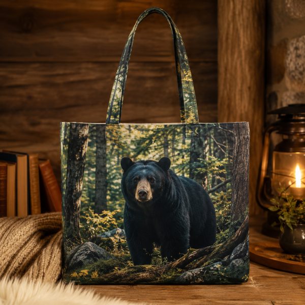 Black Bear illustrated on a zippered tote bag