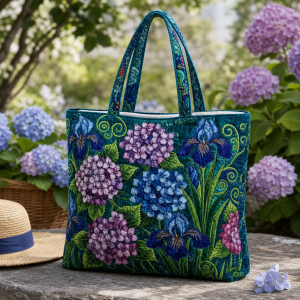 blue-hydrangea_polyester-digitalprint-42x38-2000 Blue Hydrangea illustrated on a zippered tote bag