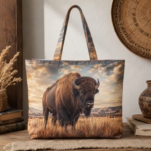 buffalo Grassland Buffalo illustrated on a zippered tote bag