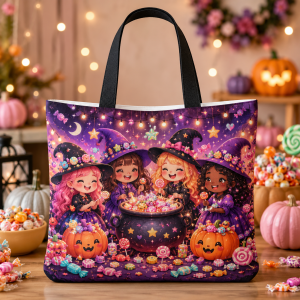 candycoven illustration on a zippered tote bag