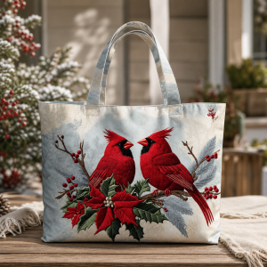 cardinal-holly_production-polyester-3dprint Cardinal Holly illustrated on a zippered tote bag