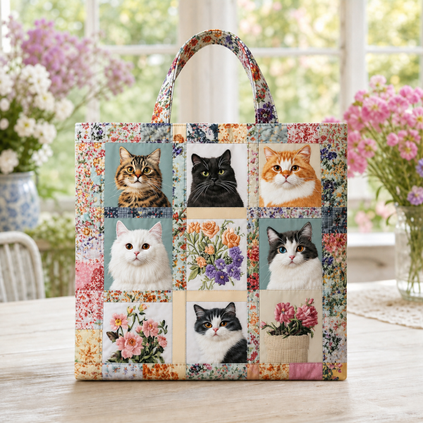 Cat Quilt Portraits illustrated on a zippered tote bag