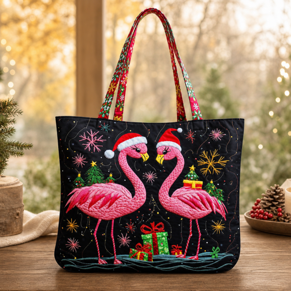 Christmas Flamingo illustrated on a zippered tote bag