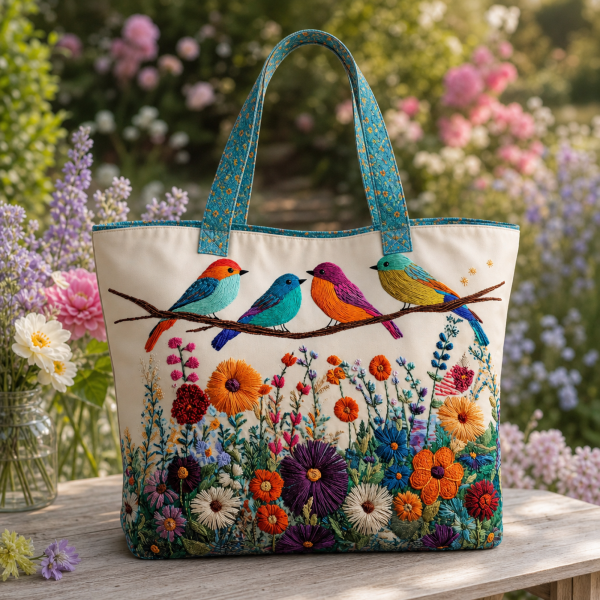 Colorful Birds illustrated on a zippered tote bag
