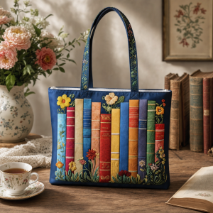 colorful-bookshelf Colorful Bookshelf illustrated on a zippered tote bag