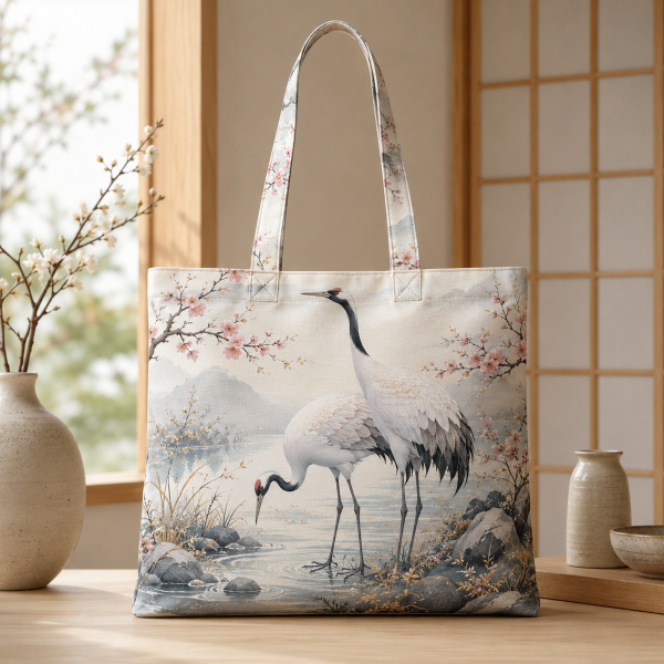Crane illustrated on a zippered tote bag