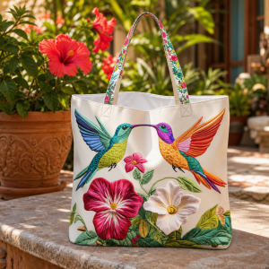 cream-hummingbird_production-polyester-3dprint Cream Hummingbird illustrated on a zippered tote bag