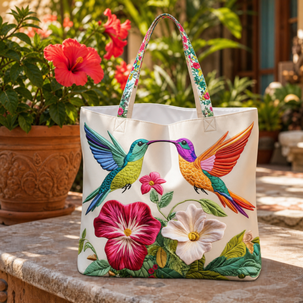Cream Hummingbird illustrated on a zippered tote bag