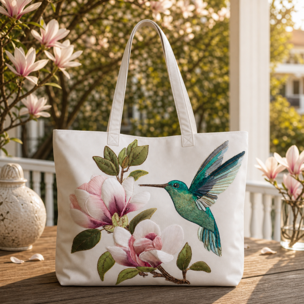 cream-magnolia_production-polyester-3dprint Magnolia Hummingbird on Cream illustrated on a zippered tote bag